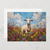Carte Postale Chèvre dans un champ Fleur sauvage peinture (Devant / Derrière)