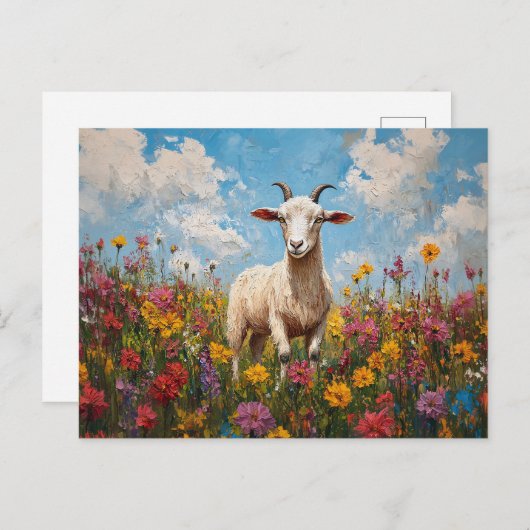 Carte Postale Chèvre dans un champ Fleur sauvage peinture (Devant / Derrière)