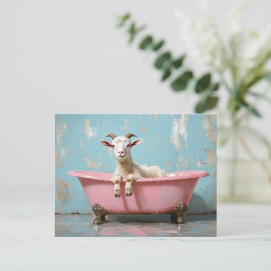 Carte Postale Chèvre dans une baignoire rose (Debout devant)