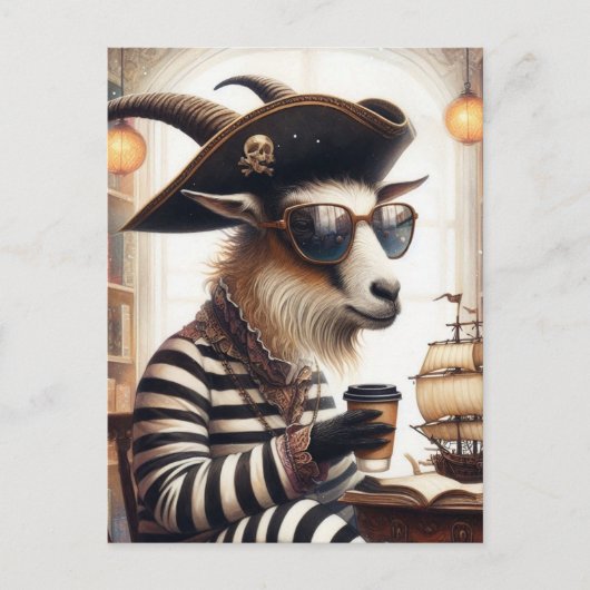 Carte Postale Chèvre pirate boire du café (Devant)