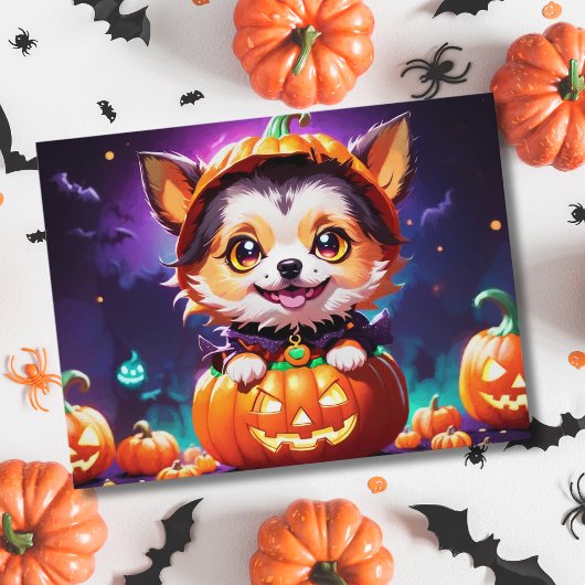 Carte Postale Chibi Anime Style Chien d'Halloween