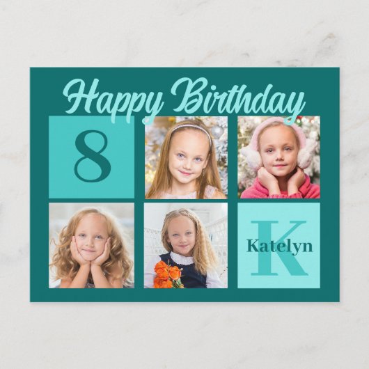 Carte Postale Chic Anniversaire Bleu Vert Collage Photo Personna (Devant)