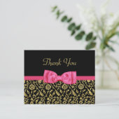 Carte Postale Chic Black Gold Floral Damask Pink Bow Merci (Debout devant)