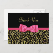 Carte Postale Chic Black Gold Floral Damask Pink Bow Merci (Devant / Derrière)