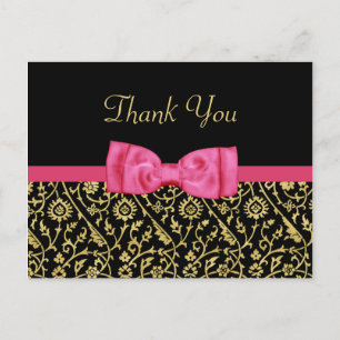 Carte Postale Chic Black Gold Floral Damask Pink Bow Merci