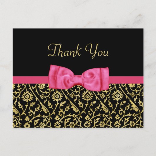 Carte Postale Chic Black Gold Floral Damask Pink Bow Merci (Devant)