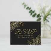 Carte Postale Chic boucles et perles d'or sur Noir Mariage RSVP (Debout devant)