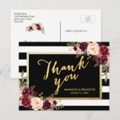 Carte Postale Chic Bourgogne Floral or noir Merci Mariage (Devant / Derrière)