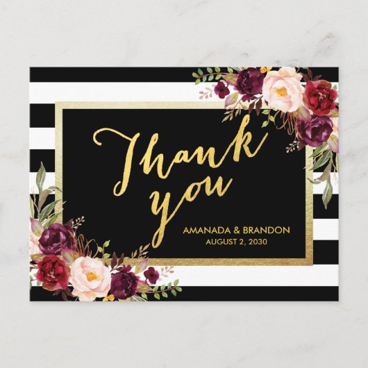 Carte Postale Chic Bourgogne Floral or noir Merci Mariage (Devant)
