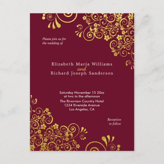 Carte Postale Chic Burgundy Gold Faire-part de mariage RSVP (Devant)