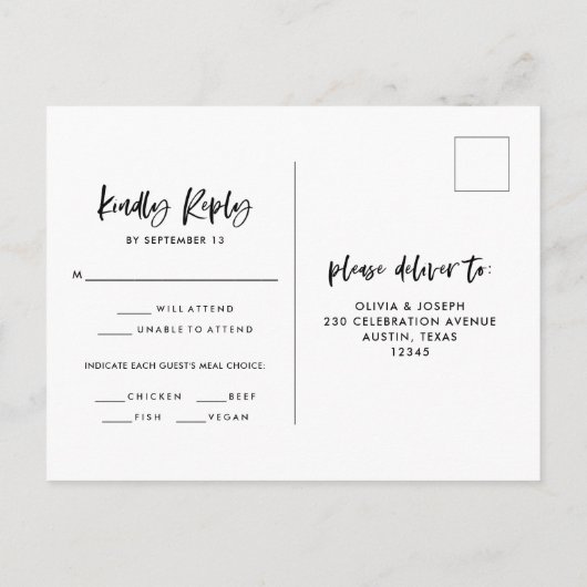 Carte Postale Chic Casual Script | Choix de Repas de Mariage RSV (Dos)