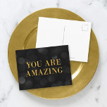 Carte Postale Chic Dark Bokeh Lights Faux Gold Vous Êtes Extraor<br><div class="desc">Carte postale de motivation chic avec les mots "You Are Extraordinaire" en faux feuille d'or contre un arrière - plan motif de bokeh foncé. Pour ajouter du texte à la carte, cliquez sur le bouton "Personnaliser". *Veuillez noter que le filigrane Zazzle qui apparaît dans l'aperçu du zoom n'apparaîtra PAS sur...</div>