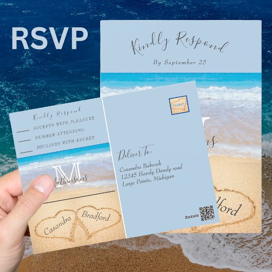 Carte Postale Chic Dusty Blue Hearts Sand Beach Wedding RSVP