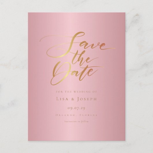 Carte Postale Chic Élégant Rose Gold Script Faire-Part de Date (Devant)