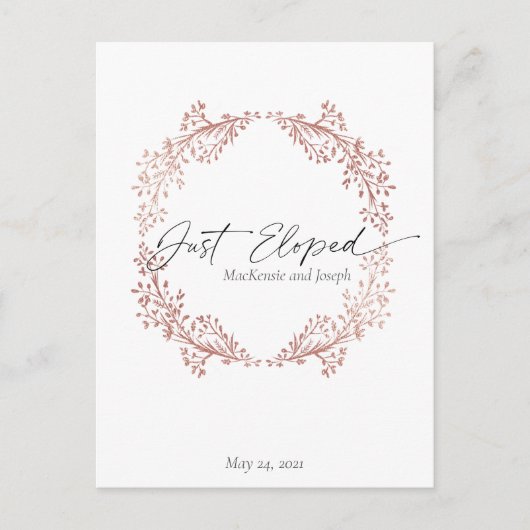 Carte Postale Chic Floral Wreath Just Eloped Faire-part Invitati (Devant)