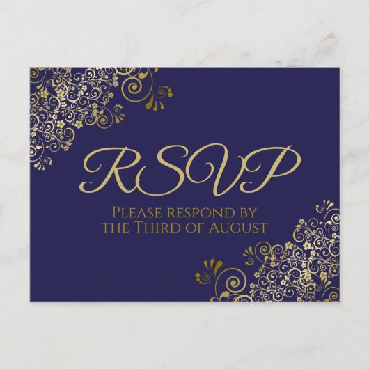 Carte Postale Chic Gold Curls & Swirls sur Marine Wedding RSVP (Devant)