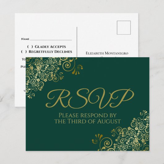 Carte Postale Chic Gold Frills sur Emerald Green Wedding RSVP (Devant / Derrière)