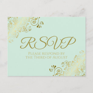 Carte Postale Chic Gold Frills sur Neo Mint Green Wedding RSVP