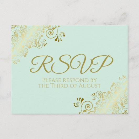 Carte Postale Chic Gold Frills sur Neo Mint Green Wedding RSVP (Devant)