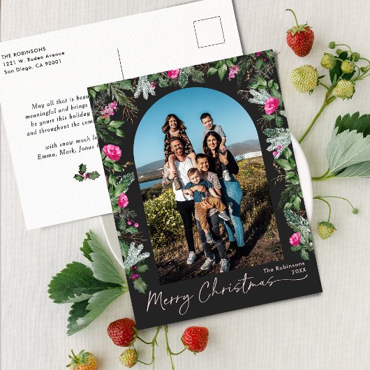 Carte Postale Chic gris foncé rose verdure Arche Joyeux Noël