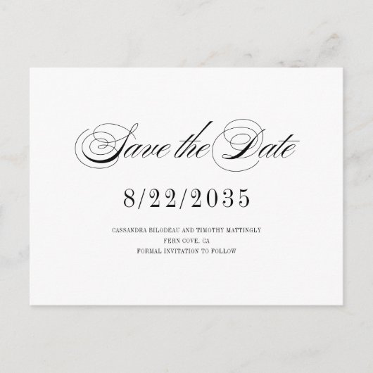 Carte Postale Chic Noir Blanc Script Mariage Enregistrer la date (Devant)