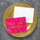 Carte Postale Chic Rose Bokeh Lights Faux Gold Vous Êtes Extraor<br><div class="desc">Carte postale de motivation chic avec les mots "You Are Extraordinaire" en faux feuille d'or contre un bokeh rose éclaire l'arrière - plan motif. Pour ajouter du texte à la carte, cliquez sur le bouton "Personnaliser". *Veuillez noter que le filigrane Zazzle qui apparaît dans l'aperçu du zoom n'apparaîtra PAS sur...</div>