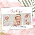 Carte Postale Chic Rose Gold Script Baby Photo Collage Merci<br><div class="desc">Rose moderne élégant Gold Script 3 Photo Collage Nouveau-né Merci bébé Faire-part de naissance Carte postale. Dispose d'un joli texte "merci" dans une calligraphie manuscrite tourbillonnant de queue d'escargot en rose vif script FAUX sur arrière - plan blanc. Le message personnel préfabriqué et les statistiques sur la naissance avec le...</div>