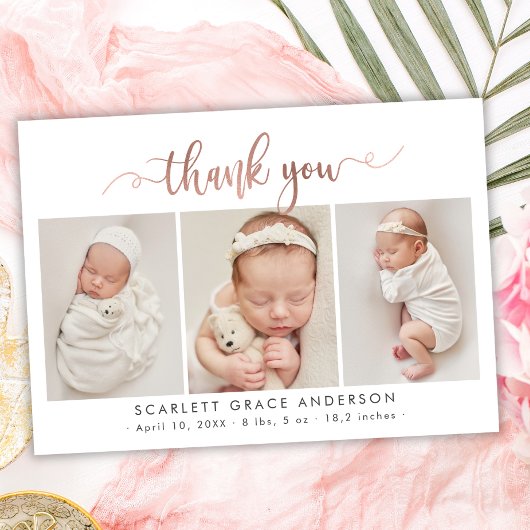 Carte Postale Chic Rose Gold Script Baby Photo Collage Merci