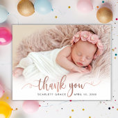 Carte Postale Chic Rose Gold Script Nouveau-né bébé photo Merci