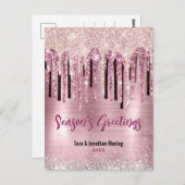 Carte Postale Chic rose rousse gouttes rose Nouvel An Noël (Devant / Derrière)