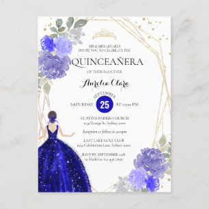 Carte Postale Chic Royal Bleu Floral Géométrique Quinceañera Inv