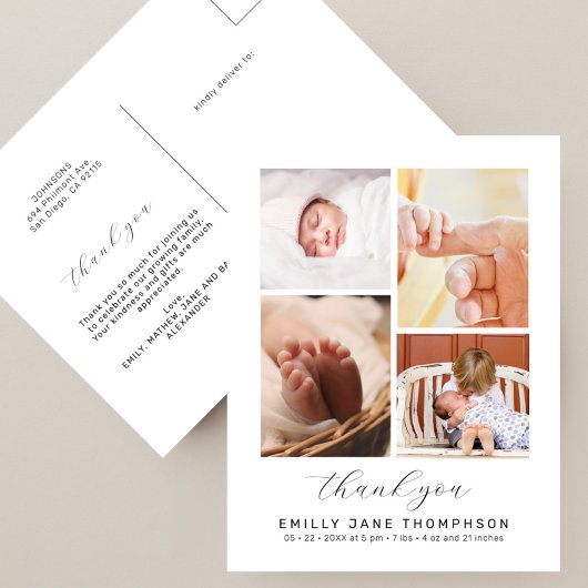 Carte Postale Chic Script 4 Collage de photos Baby Shower Merci