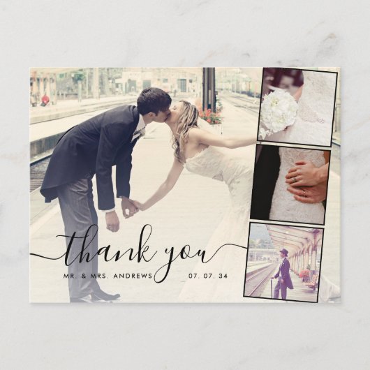 Carte Postale Chic Script 4 Photos Collage Mariage Merci (Devant)