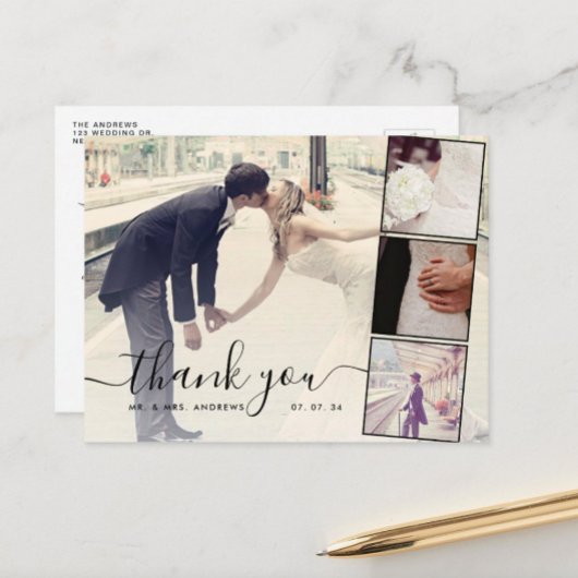 Carte Postale Chic Script 4 Photos Collage Mariage Merci