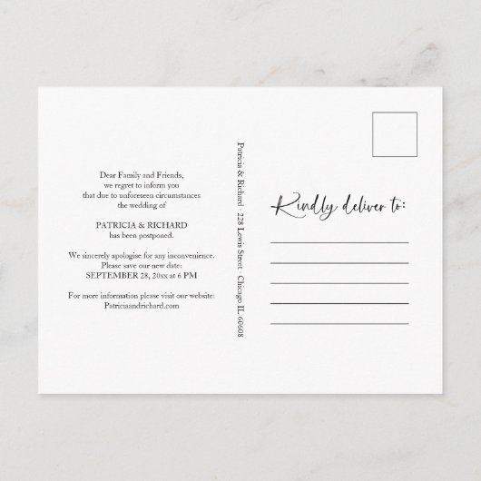 Carte Postale Chic Script Changer La Date De Report Du Mariage (Dos)