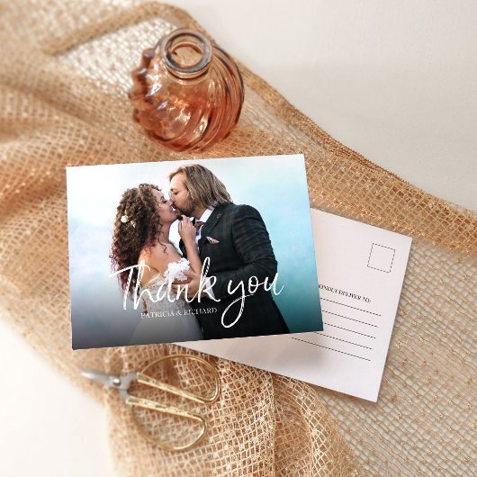 Carte Postale Chic Script Élégant Mariage Photo Merci