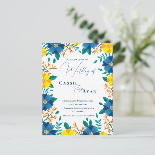 Carte Postale Chic tendance Faire-part de mariage florale bleu j (Debout devant)