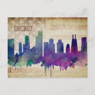 Carte Postale Chicago, IL   Aquarelle Ville Skyline