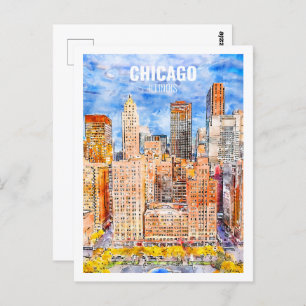 Carte Postale Chicago Illinois Fameux Voyage Aquarelle Sketch