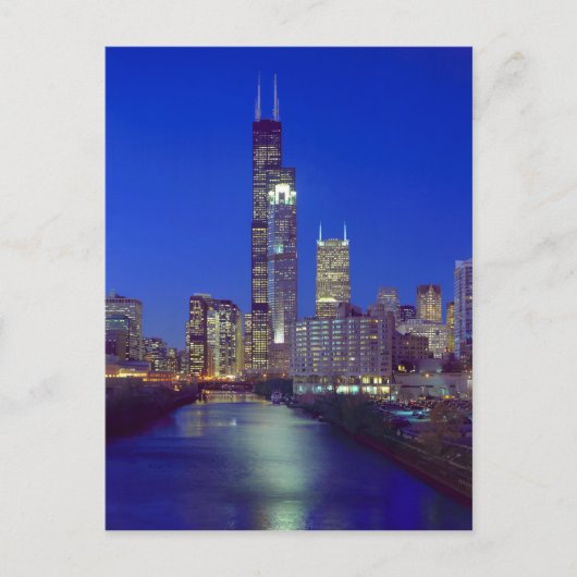 Carte Postale Chicago, Illinois, Skyline la nuit avec Chicago (Devant)