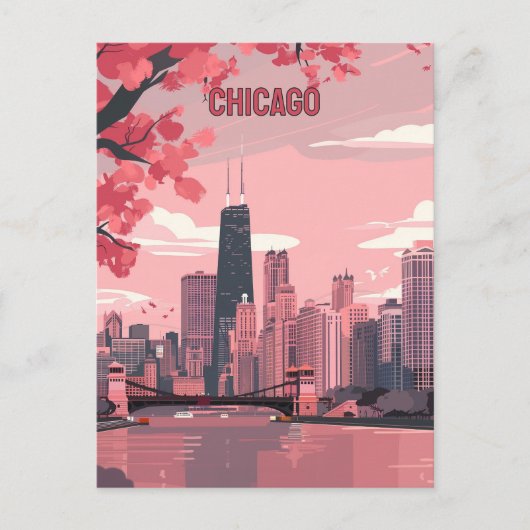 Carte Postale Chicago Skyline avec fleurs de printemps (Devant)