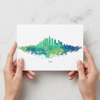 Carte Postale Chicago Skyline Watercolor Blue Green City Art