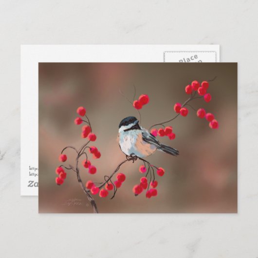 Carte Postale CHICKADEE & BERRIES ROUGES par SHARON SHARPE (Devant / Derrière)