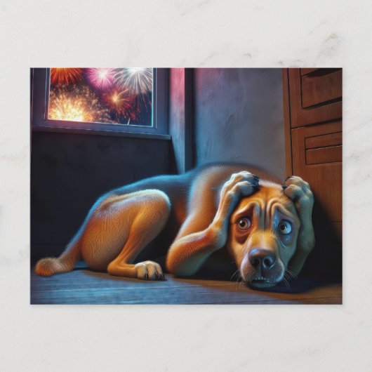 Carte Postale Chien à poils effrayés observant les feux d'artifi (Devant)
