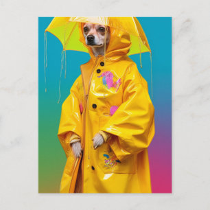 Carte Postale Chien adorable dans un imperméable jaune qui dégou