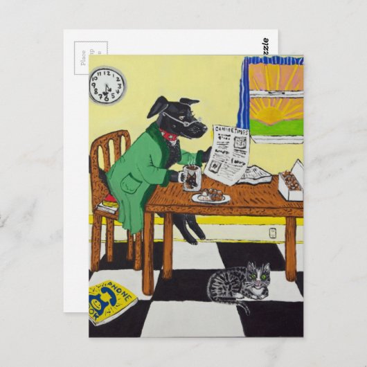 Carte Postale Chien appréciant le café et les beignets (Devant / Derrière)