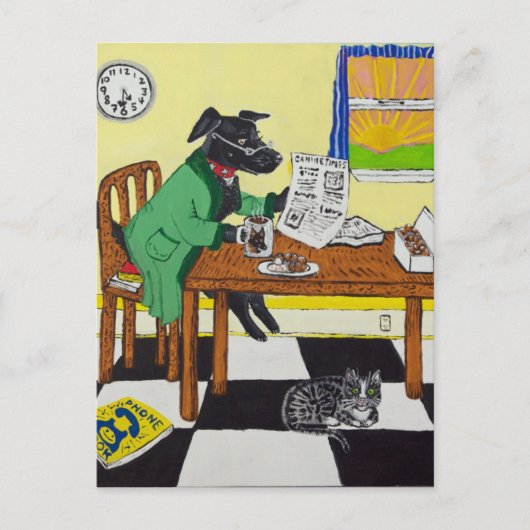 Carte Postale Chien appréciant le café et les beignets (Devant)