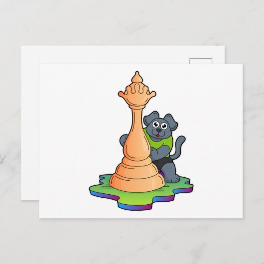 Carte Postale Chien aux échecs avec pièce de reine (Devant / Derrière)