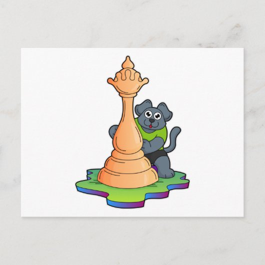 Carte Postale Chien aux échecs avec pièce de reine (Devant)