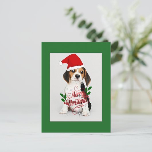 Carte Postale Chien Beagle en Chapeau de Père Noël - Joyeux Noël (Debout devant)